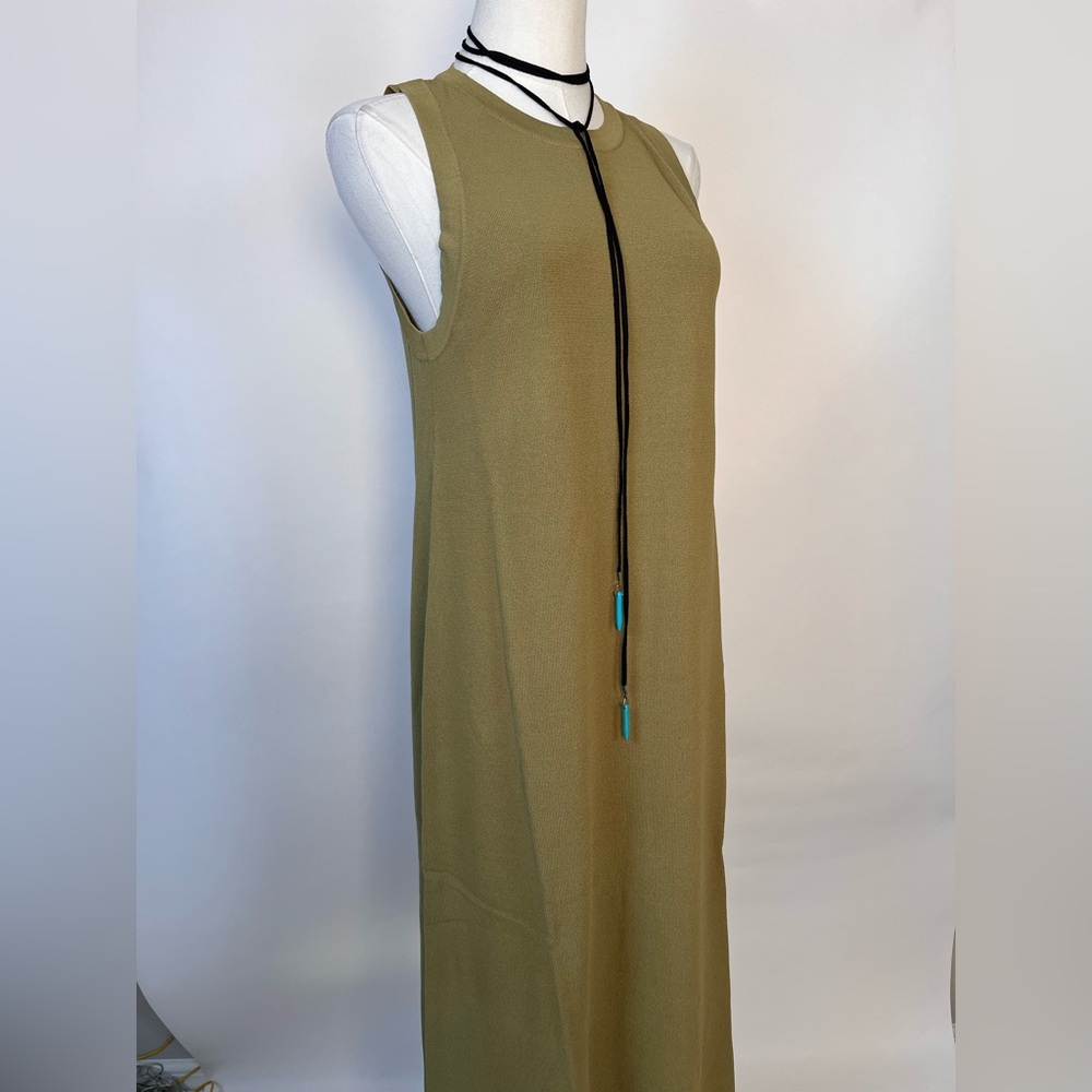sleeveless knit dress in an olive green color